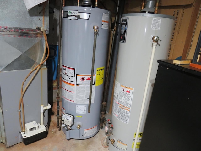 utility room featuring heating unit and gas water heater