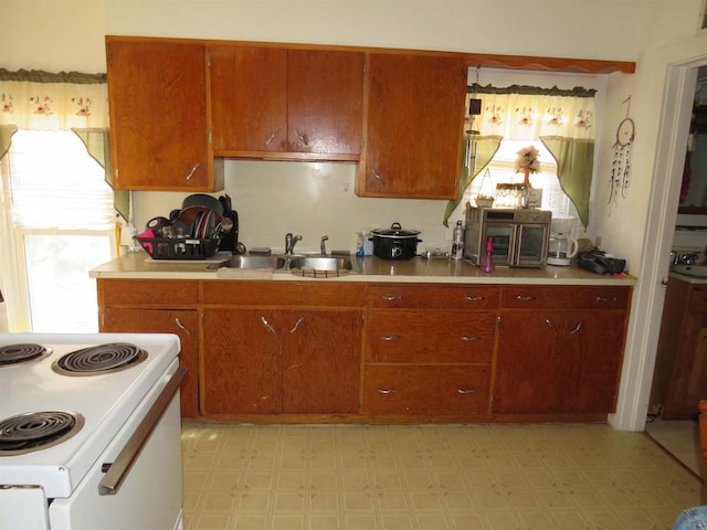 kitchen featuring sink and white range with electric cooktop