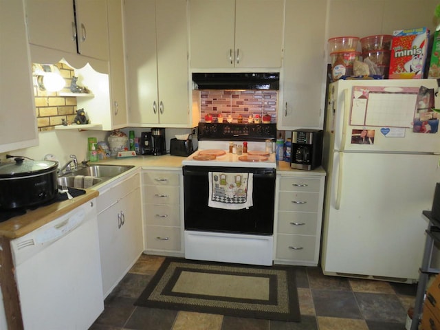 kitchen featuring white appliances, tasteful backsplash, white cabinetry, and sink