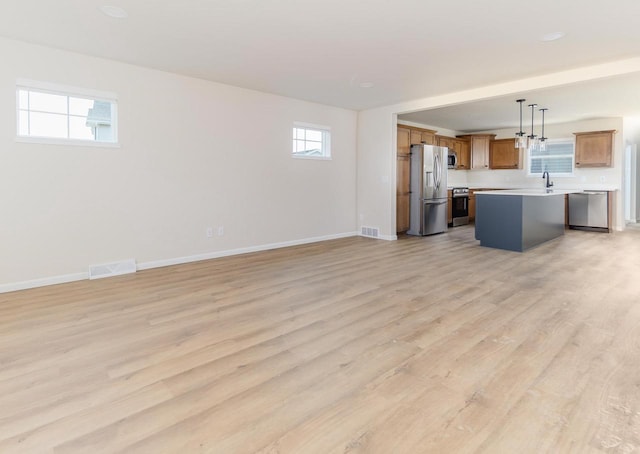 unfurnished living room with sink and light wood-type flooring