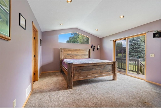 811 130th St, Roberts, WI 54023 - carpeted bedroom with access to outside, visible vents, baseboards, vaulted ceiling, and recessed lighting