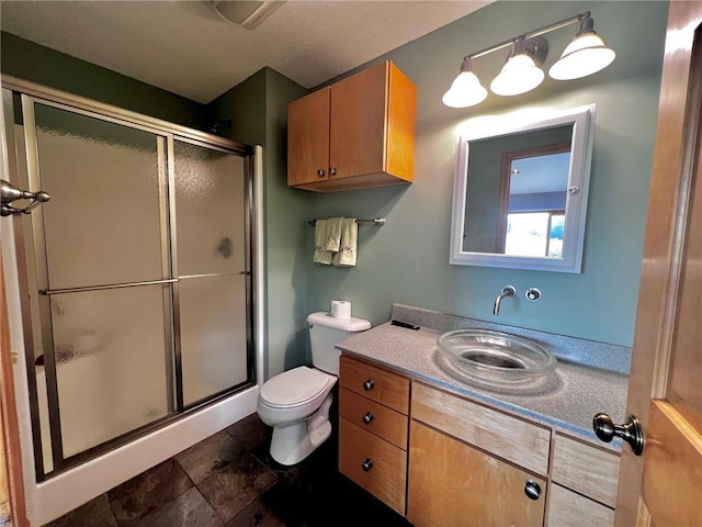 bathroom featuring vanity, a shower with shower door, and toilet