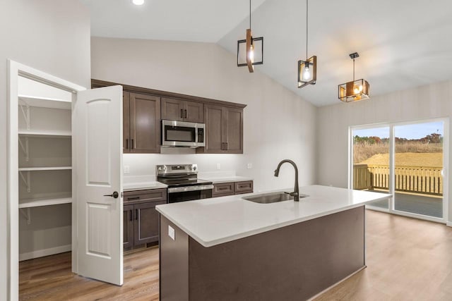 kitchen featuring appliances with stainless steel finishes, sink, light hardwood / wood-style floors, lofted ceiling, and decorative light fixtures