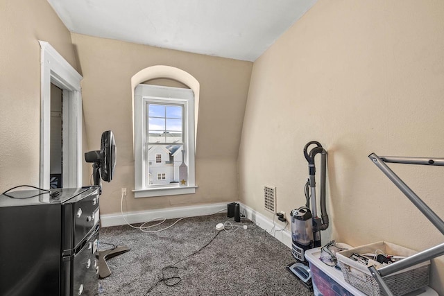 exercise area featuring lofted ceiling and carpet flooring