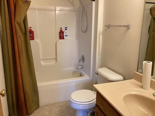 full bathroom with tile patterned floors, vanity, toilet, and shower / bathtub combination with curtain