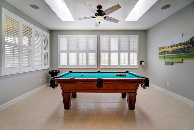 playroom with ceiling fan, a healthy amount of sunlight, light tile patterned flooring, and pool table