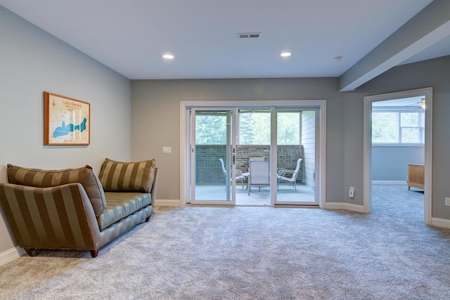 living area featuring light colored carpet and a wealth of natural light