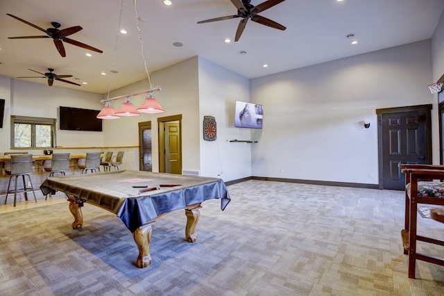 playroom featuring pool table, light carpet, and ceiling fan