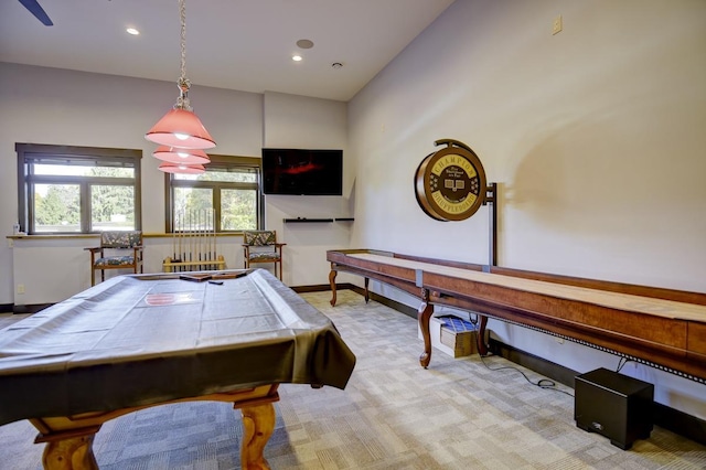 game room featuring pool table and light colored carpet