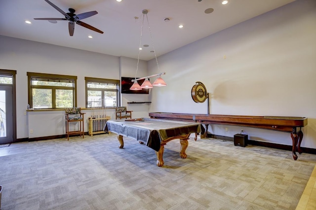 playroom with ceiling fan, radiator heating unit, pool table, and light colored carpet