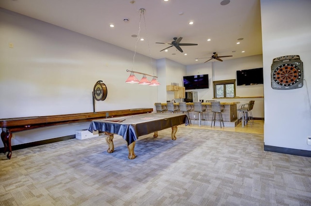 playroom featuring pool table, bar area, light carpet, and ceiling fan