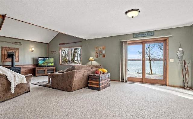 carpeted living room featuring a wealth of natural light, a wood stove, vaulted ceiling, and a textured ceiling