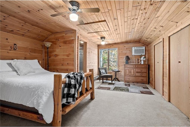 carpeted bedroom with a wall unit AC, wooden walls, ceiling fan, and wooden ceiling