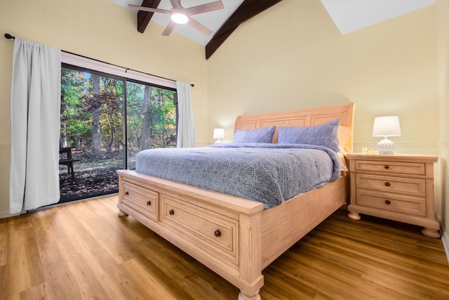 bedroom with light hardwood / wood-style floors, lofted ceiling, access to exterior, and ceiling fan