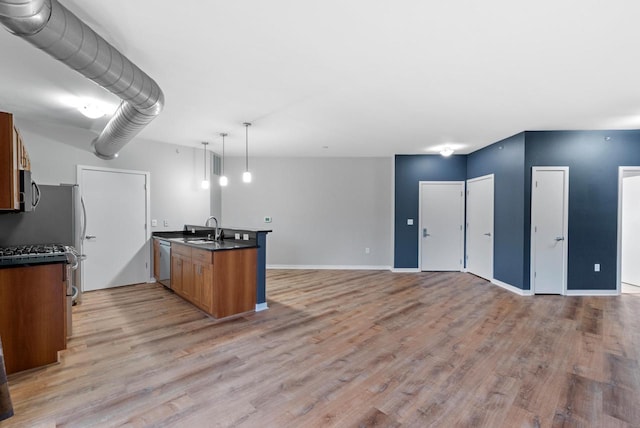 kitchen with sink, light hardwood / wood-style flooring, appliances with stainless steel finishes, and decorative light fixtures