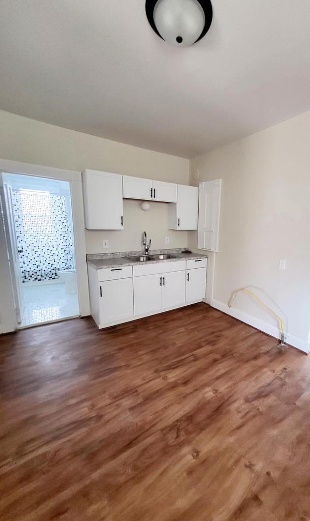 kitchen featuring white cabinetry, sink, and dark wood-type flooring