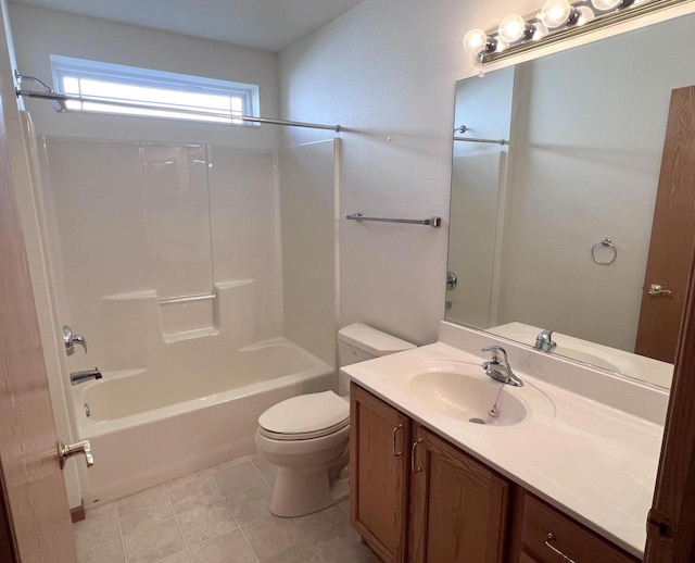 full bathroom featuring vanity, toilet,  shower combination, and tile patterned flooring