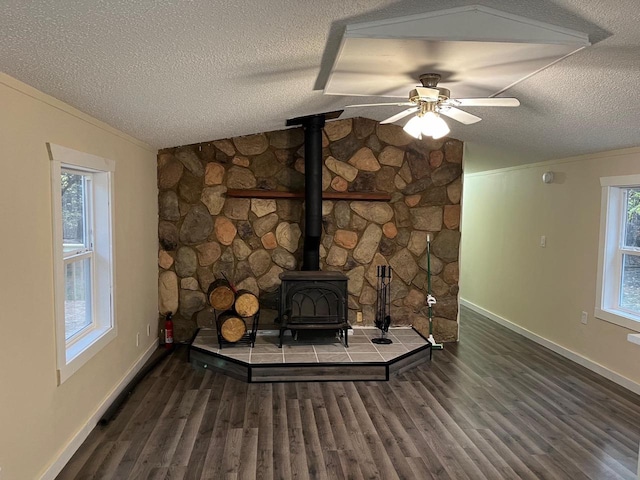 interior details featuring a wood stove, a textured ceiling, and hardwood / wood-style flooring