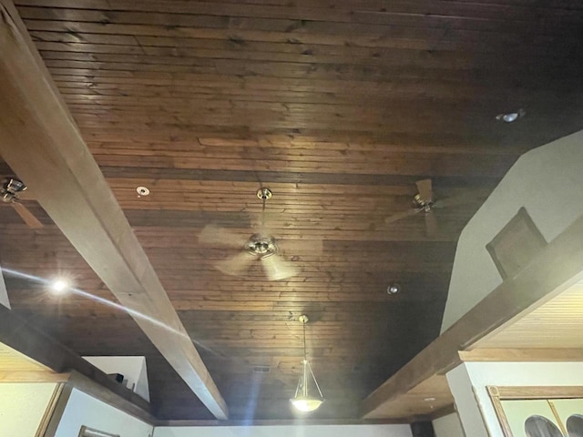 room details with ceiling fan, wooden ceiling, and beam ceiling