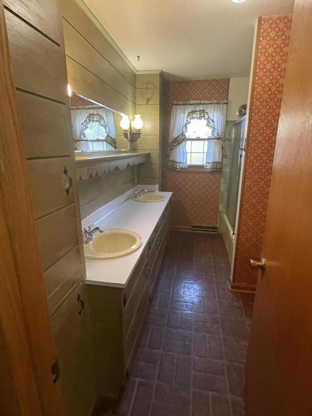 bathroom featuring vanity and walk in shower