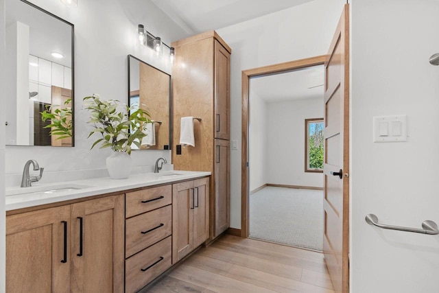 bathroom with double vanity, a sink, baseboards, and wood finished floors