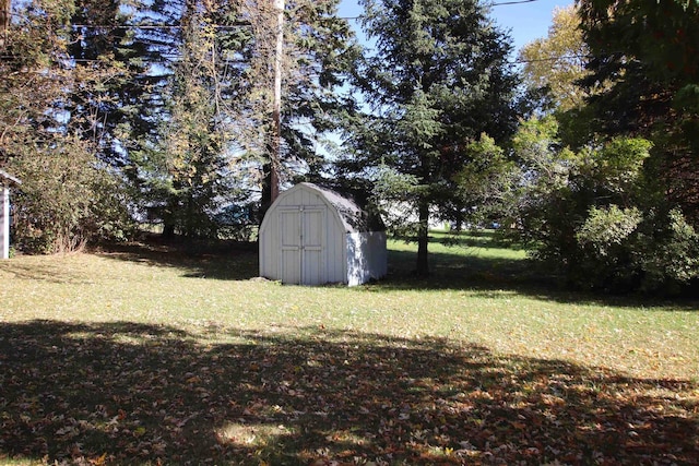 view of yard featuring a storage shed and an outdoor structure