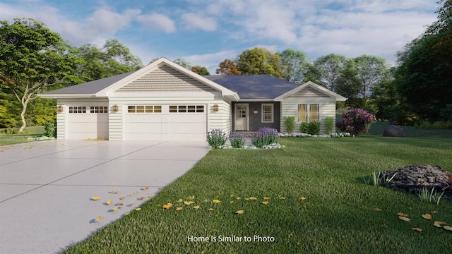 ranch-style home featuring a front lawn and a garage