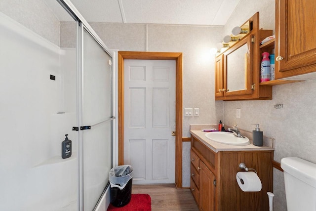 bathroom with a shower with door, a textured ceiling, hardwood / wood-style flooring, toilet, and vanity