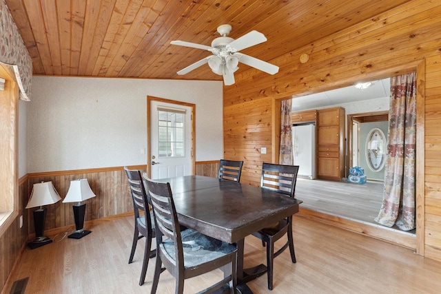 dining room with lofted ceiling, wood ceiling, light hardwood / wood-style floors, and wood walls