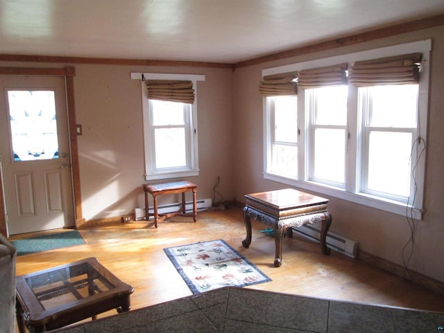 misc room featuring baseboard heating, crown molding, hardwood / wood-style flooring, and plenty of natural light