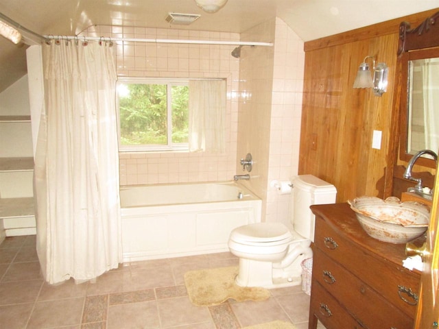 14770 Touve Rd, Herbster, WI 54844 - bathroom with shower / bath combination with curtain, vanity, toilet, and tile patterned floors