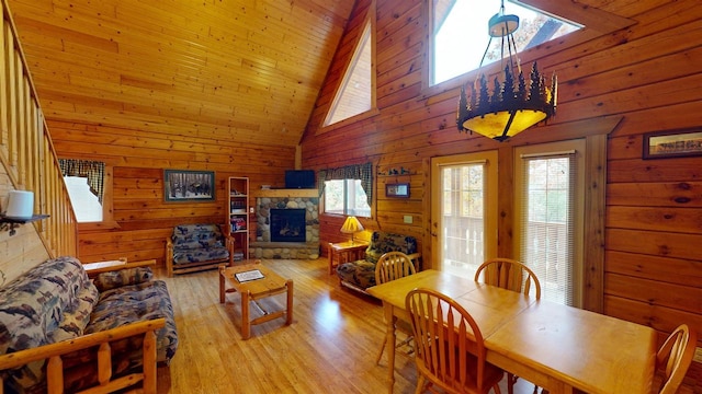 331 Hilltop Ct, Warrens, Warrens, WI 54666 - living area with wood walls, high vaulted ceiling, light wood-type flooring, and a stone fireplace