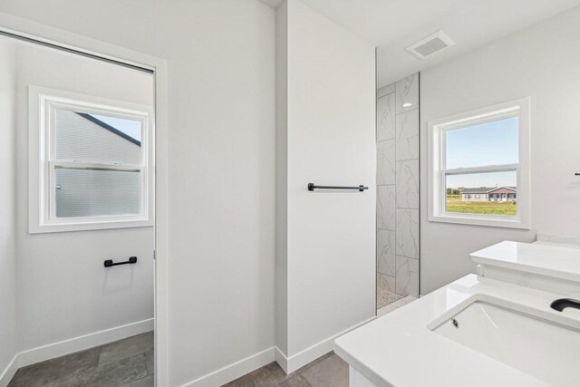 bathroom with vanity and a tile shower