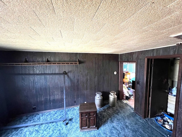 interior space featuring wood walls, lofted ceiling, and carpet floors