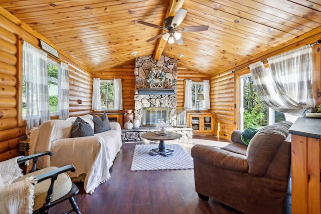 living room featuring wood ceiling, dark hardwood / wood-style floors, and rustic walls