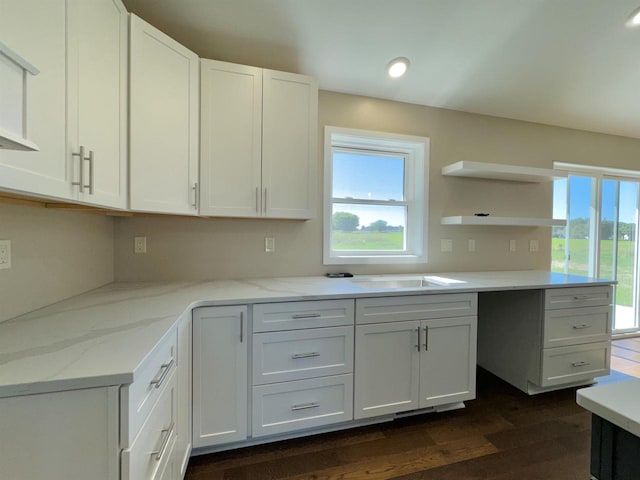 kitchen featuring light stone countertops, dark wood-type flooring, and white cabinetry