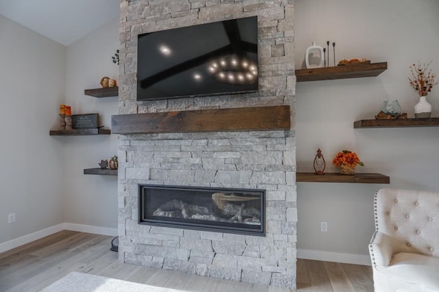 details with a stone fireplace and wood-type flooring