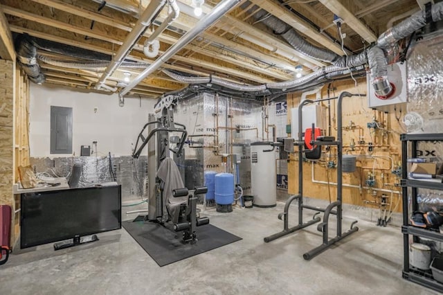 workout area featuring electric panel and concrete floors