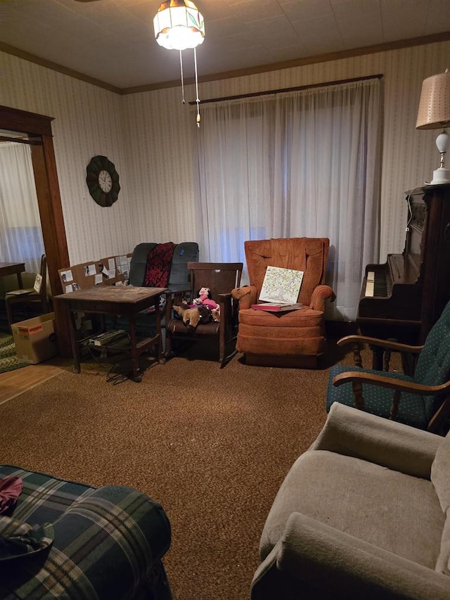 carpeted living room with ornamental molding