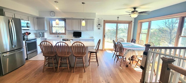 kitchen featuring gray cabinets, light hardwood / wood-style flooring, stainless steel appliances, and backsplash