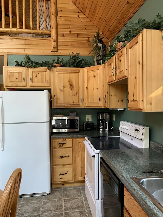 kitchen featuring lofted ceiling, dark tile patterned floors, wooden ceiling, light brown cabinetry, and white appliances