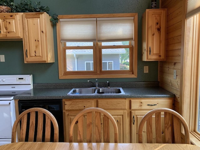 kitchen featuring light brown cabinetry, white stove, sink, and dishwasher