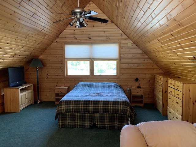 bedroom with ceiling fan, vaulted ceiling, wooden walls, and dark carpet