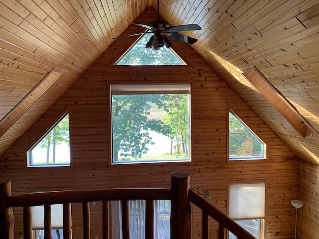 interior details featuring wood ceiling and wood walls