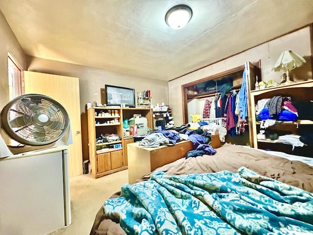 bedroom featuring a closet, a textured ceiling, and light colored carpet