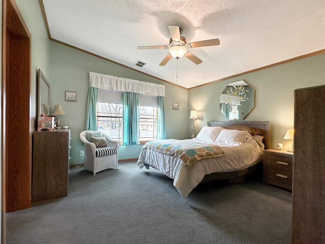 carpeted bedroom featuring ceiling fan, crown molding, a textured ceiling, and lofted ceiling