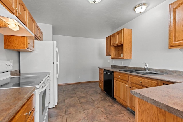 kitchen featuring dark tile patterned flooring, white electric range, sink, and dishwasher