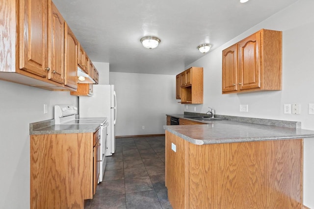 kitchen with kitchen peninsula, dark tile patterned flooring, sink, and white appliances