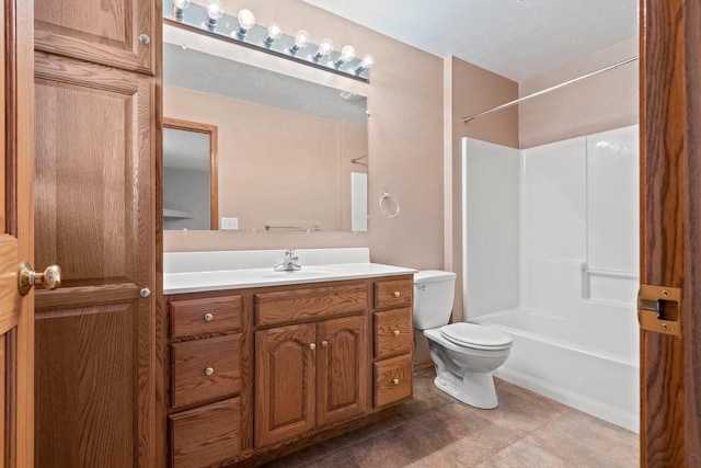 full bathroom featuring vanity, toilet, bathing tub / shower combination, and tile patterned flooring