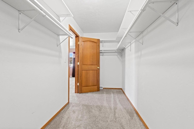 walk in closet with light colored carpet